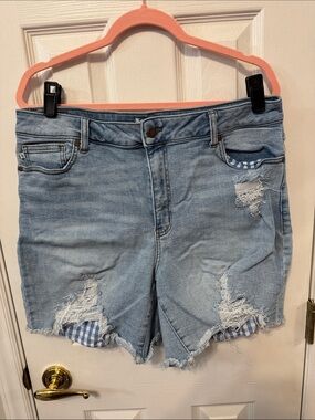 Judy Blue Light Blue Distressed Denim Shorts with Gingham Patch